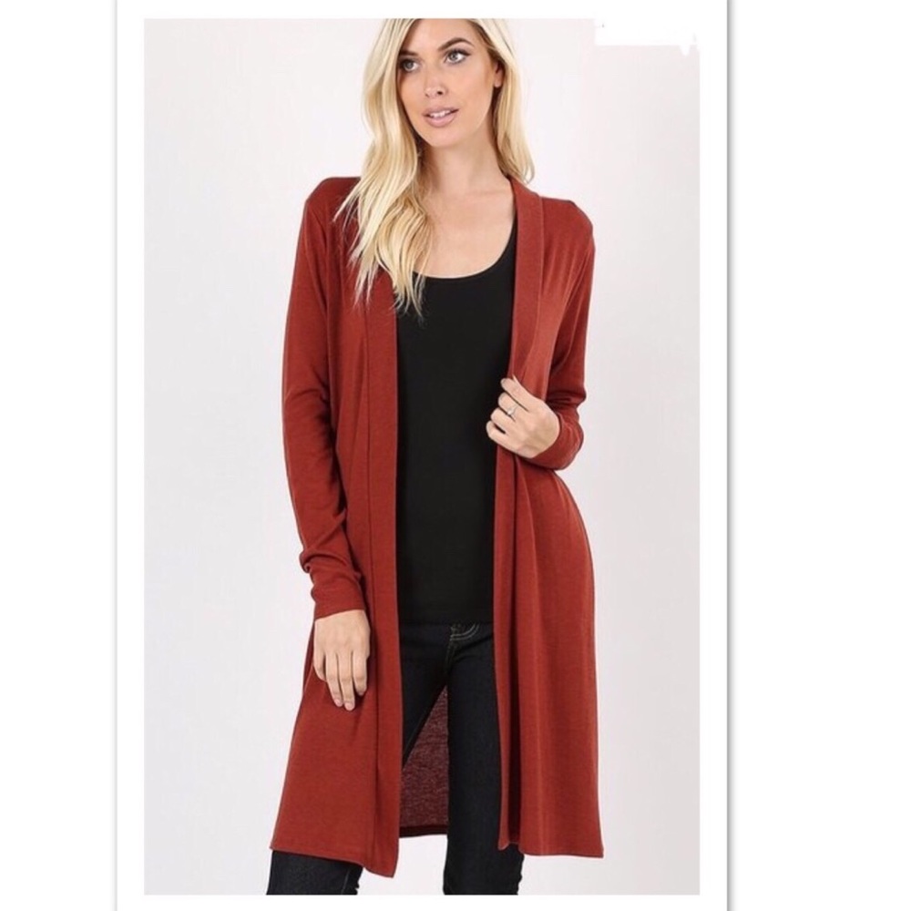 New Women's Rust Orange Long Cardigan w/Pockets - Picture 3 of 7